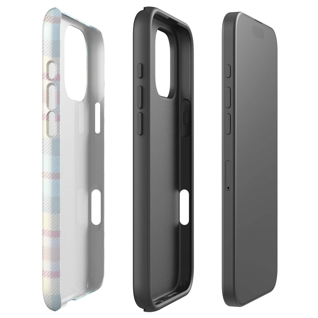 Custom iPhone case 16 pro max with a fresh summer vibes, soft pastel plaid pattern in pink, blue, and yellow.