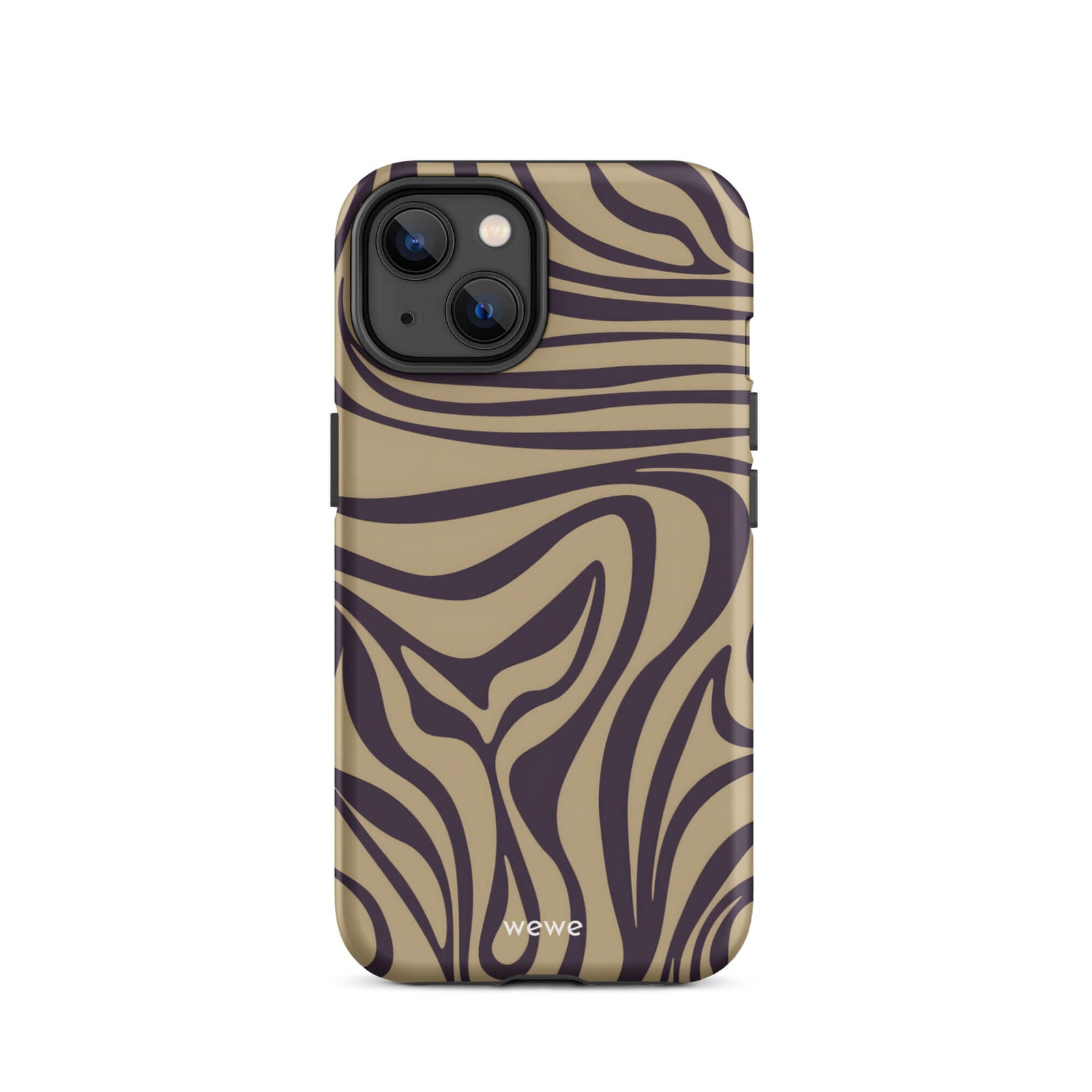 Custom iPhone case 14 with a brown and dark purple wavy zebra print pattern.