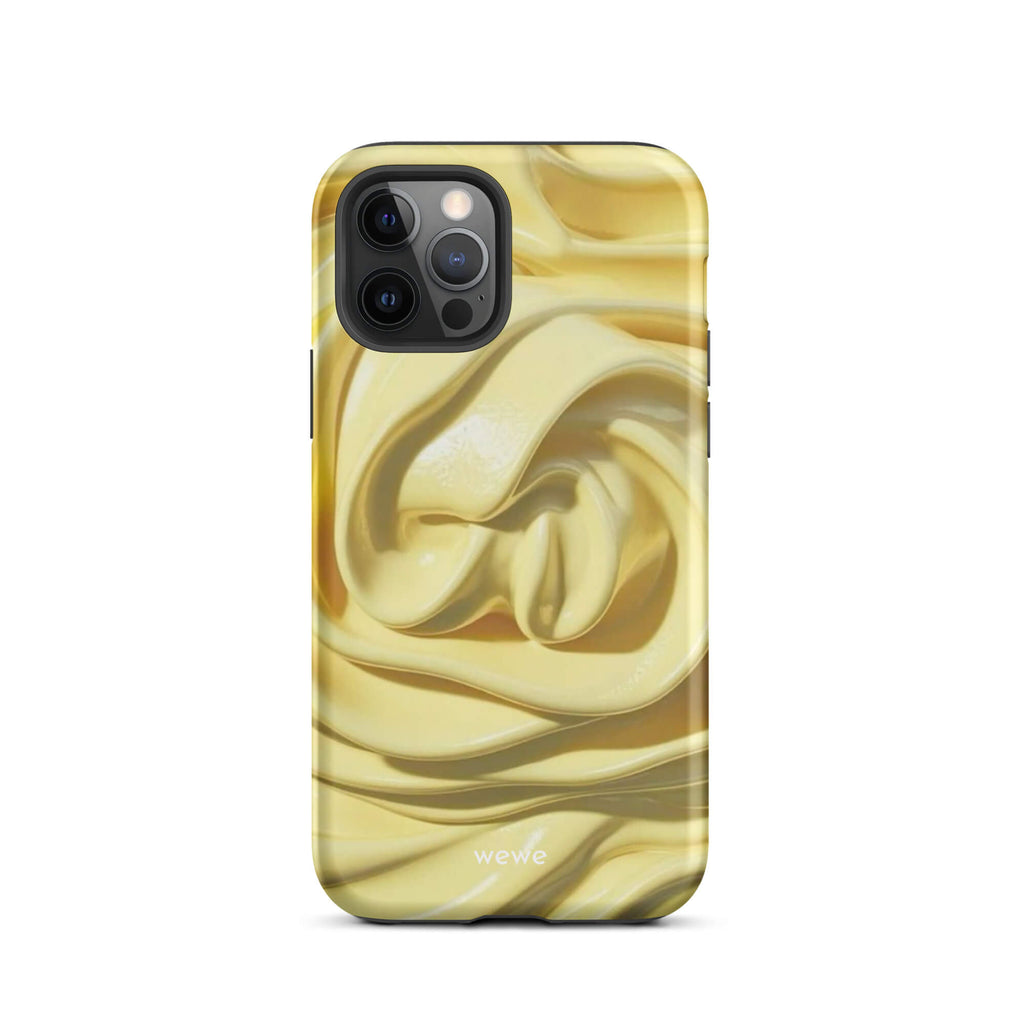 Custom iPhone case 12 pro with a close-up photo of a textured, glossy yellow frosting or thick cream with deep swirls and ridges.