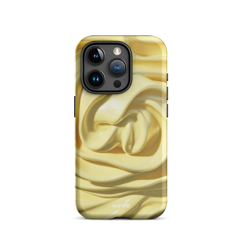 Custom iPhone case 15 pro with a close-up photo of a textured, glossy yellow frosting or thick cream with deep swirls and ridges.