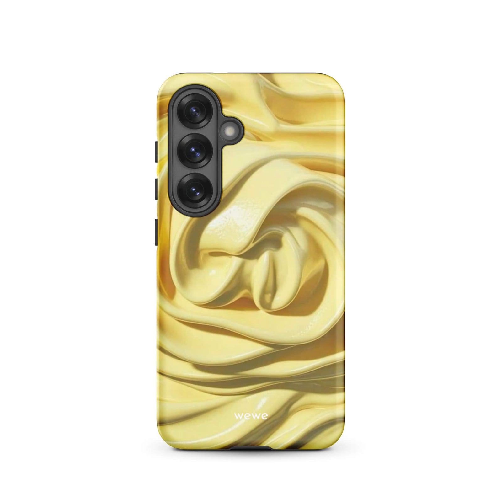 Custom samsung galaxy s25 with a close-up photo of a textured, glossy yellow frosting or thick cream with deep swirls and ridges.
