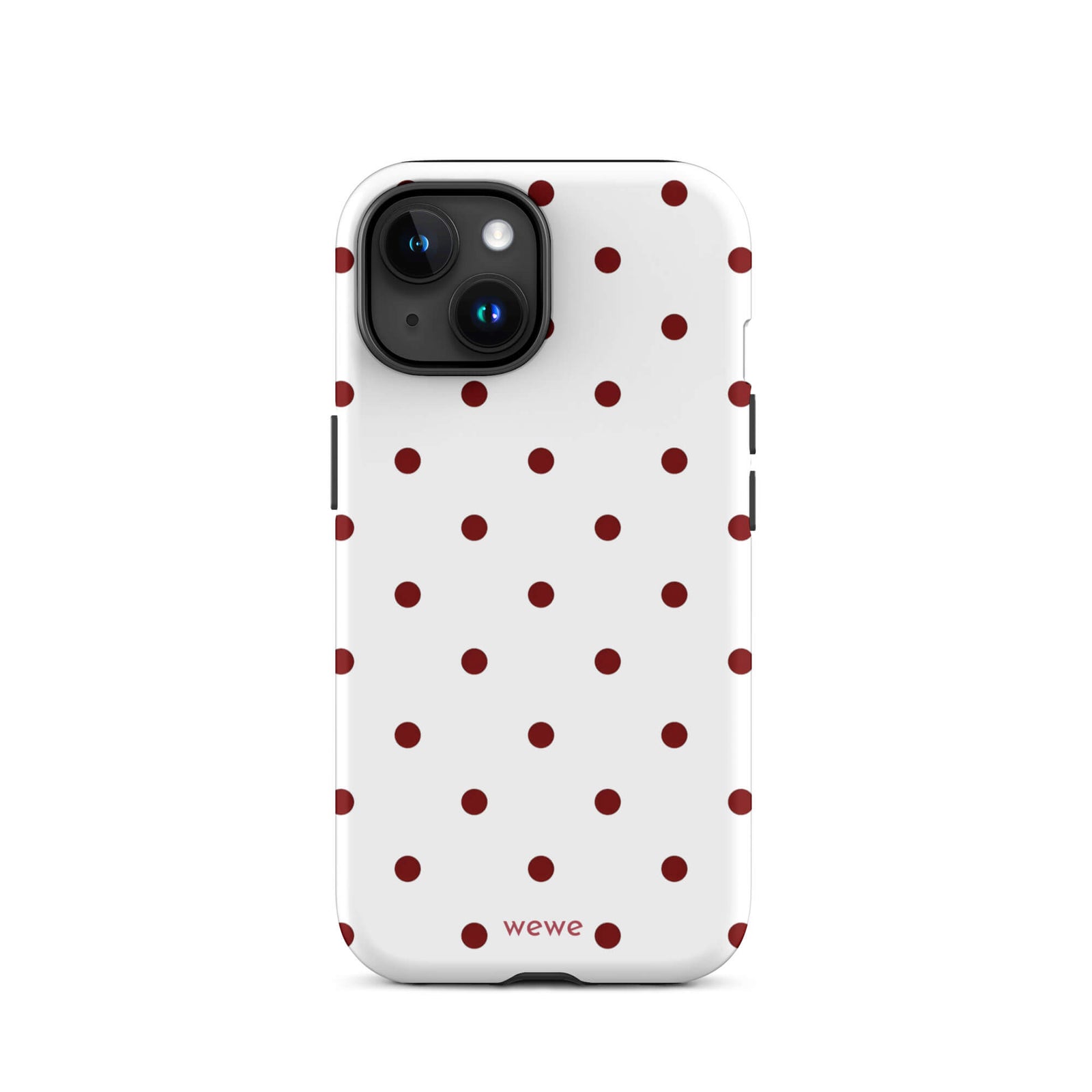 Custom iPhone case 15 with a  clean white background and a classic pattern of small, maroon red polka dots.