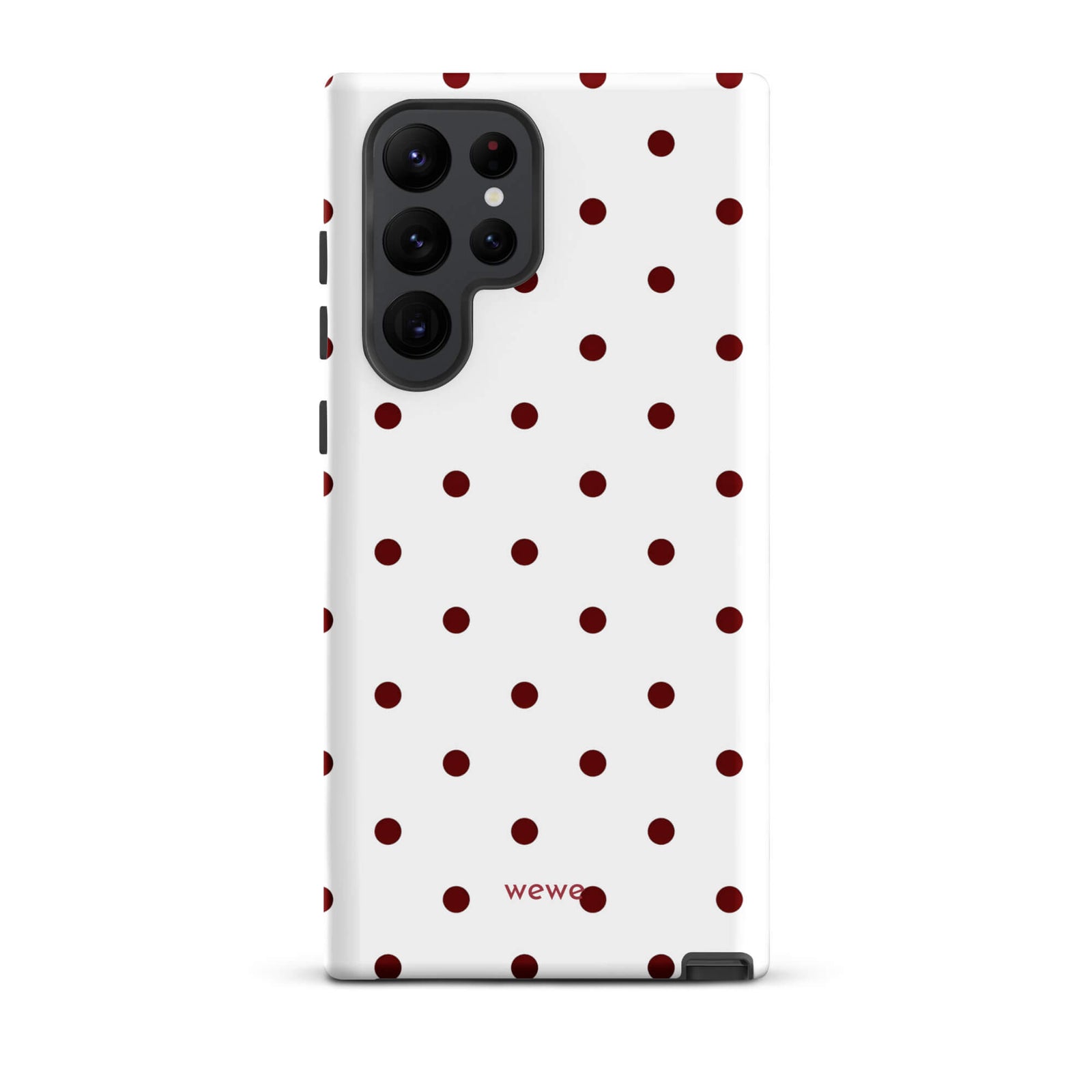 Custom samsung galaxy s22 ultra Phone case with a  clean white background and a classic pattern of small, maroon red polka dots.