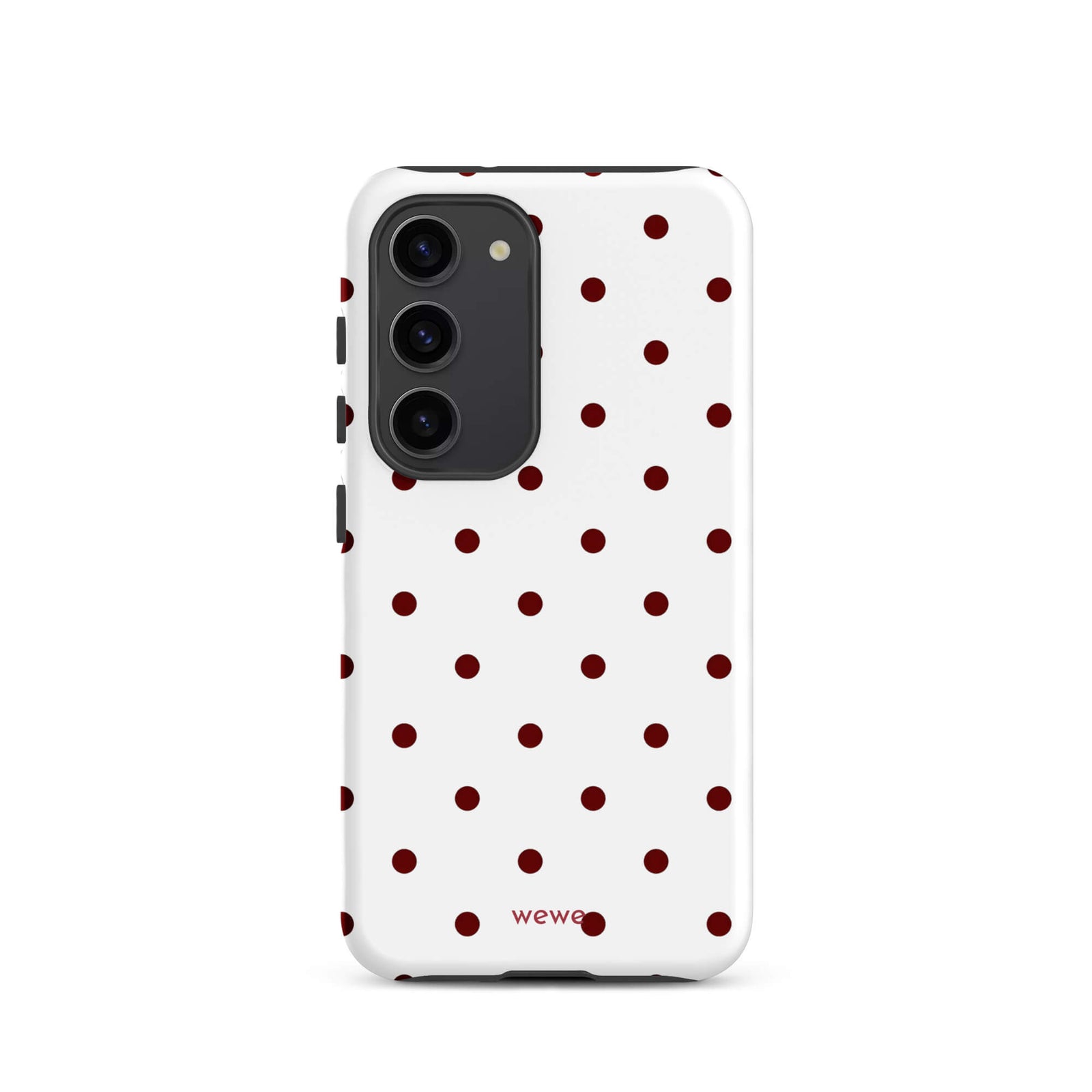 Custom samsung galaxy s23 Phone case with a  clean white background and a classic pattern of small, maroon red polka dots.