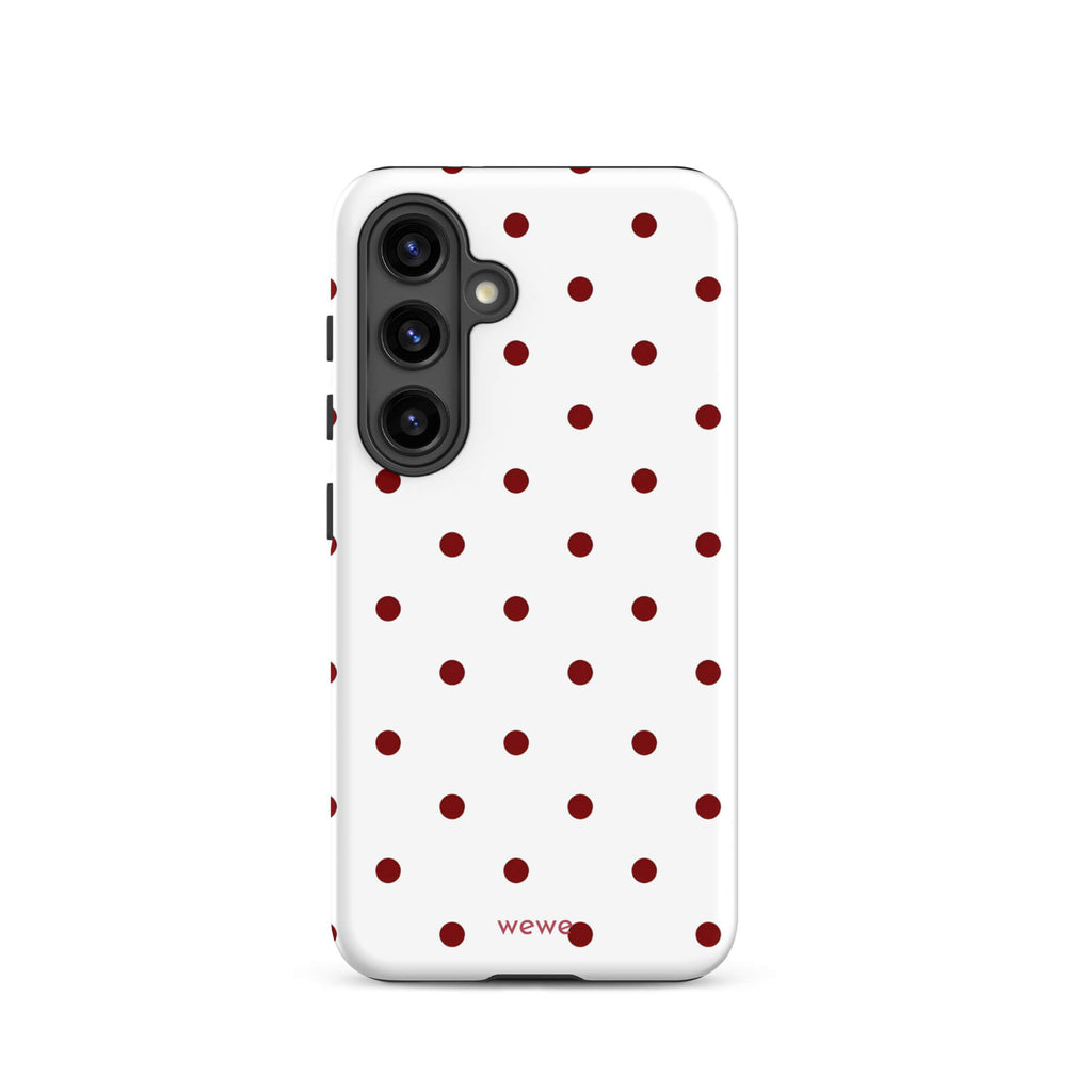 Custom samsung galaxy s24 Phone case with a  clean white background and a classic pattern of small, maroon red polka dots.