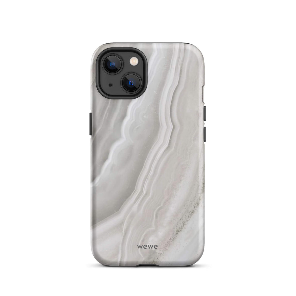Custom iPhone case 13 with a  close-up image of a white and grey agate slice with swirling patterns.