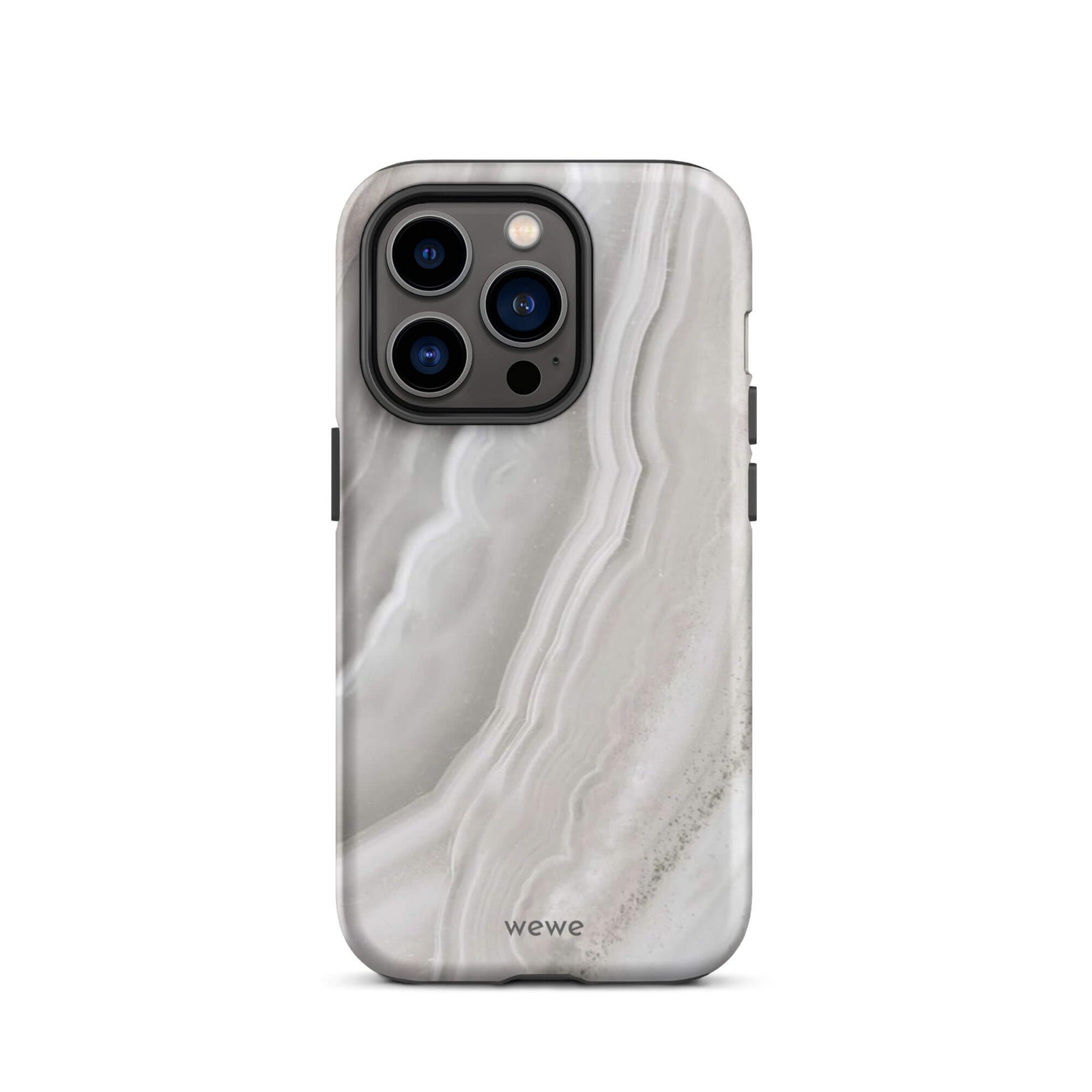 Custom iPhone case 14 pro with a  close-up image of a white and grey agate slice with swirling patterns.