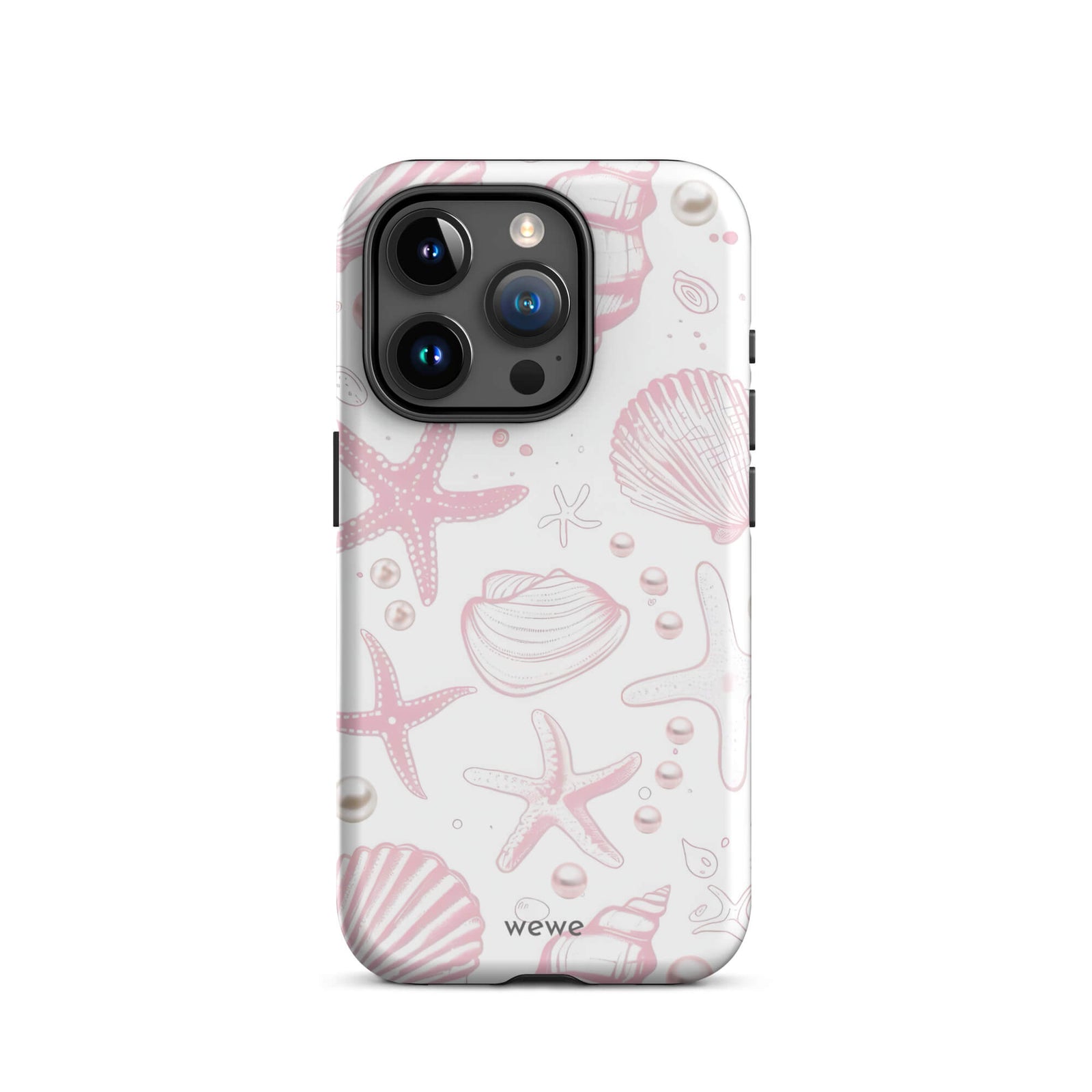 Custom iPhone case 15 pro with a cute and whimsical pattern of seashells, starfish, and pearls on a white background.
