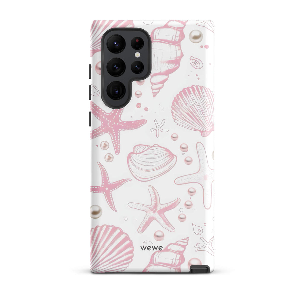 Custom samsung galaxy s22 ultra  Phone case with a cute and whimsical pattern of seashells, starfish, and pearls on a white background.